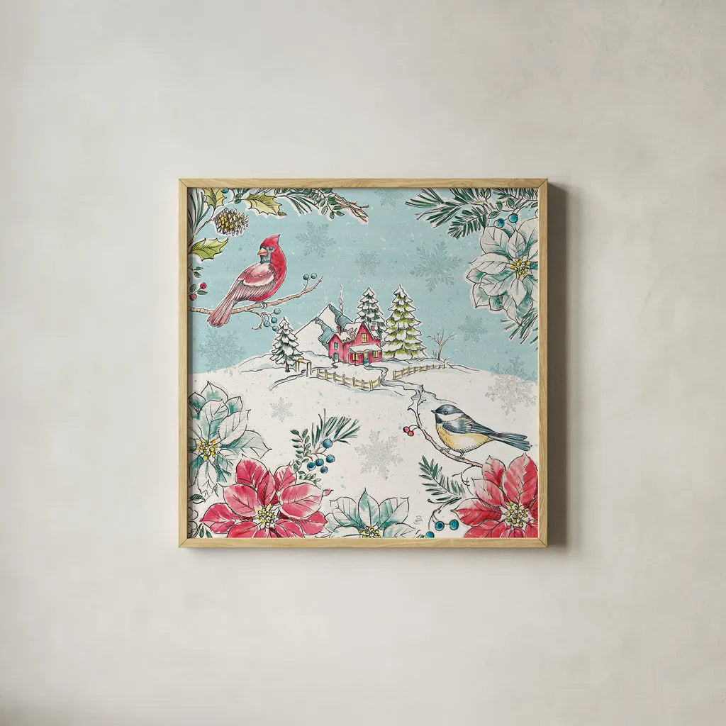 Holiday Toile II by Daphne Brissonnet. Shown in a natural wood glass frame for a timeless modern aesthetic. Available as an archival giclee rolled canvas, fine art paper, or poster print. SKU 53538a.