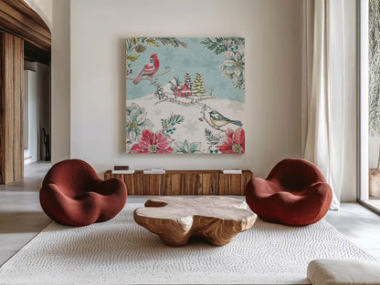 Holiday Toile II by Daphne Brissonnet. Shown as extra-large giant wall art in a modern living room. Available as an archival giclee rolled canvas, fine art paper, or poster print. SKU 53538a.