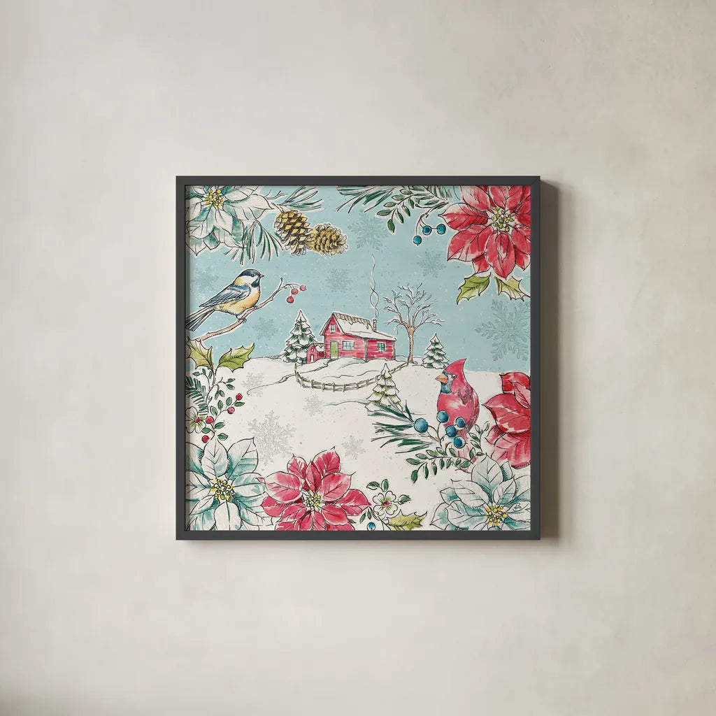 Holiday Toile III by Daphne Brissonnet. Shown in a sleek black glass frame for a contemporary gallery look. Available as an archival giclee rolled canvas, fine art paper, or poster print. SKU 53539a.