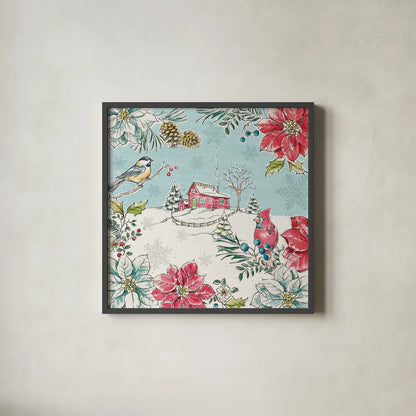 Holiday Toile III by Daphne Brissonnet. Shown in a sleek black glass frame for a contemporary gallery look. Available as an archival giclee rolled canvas, fine art paper, or poster print. SKU 53539a.