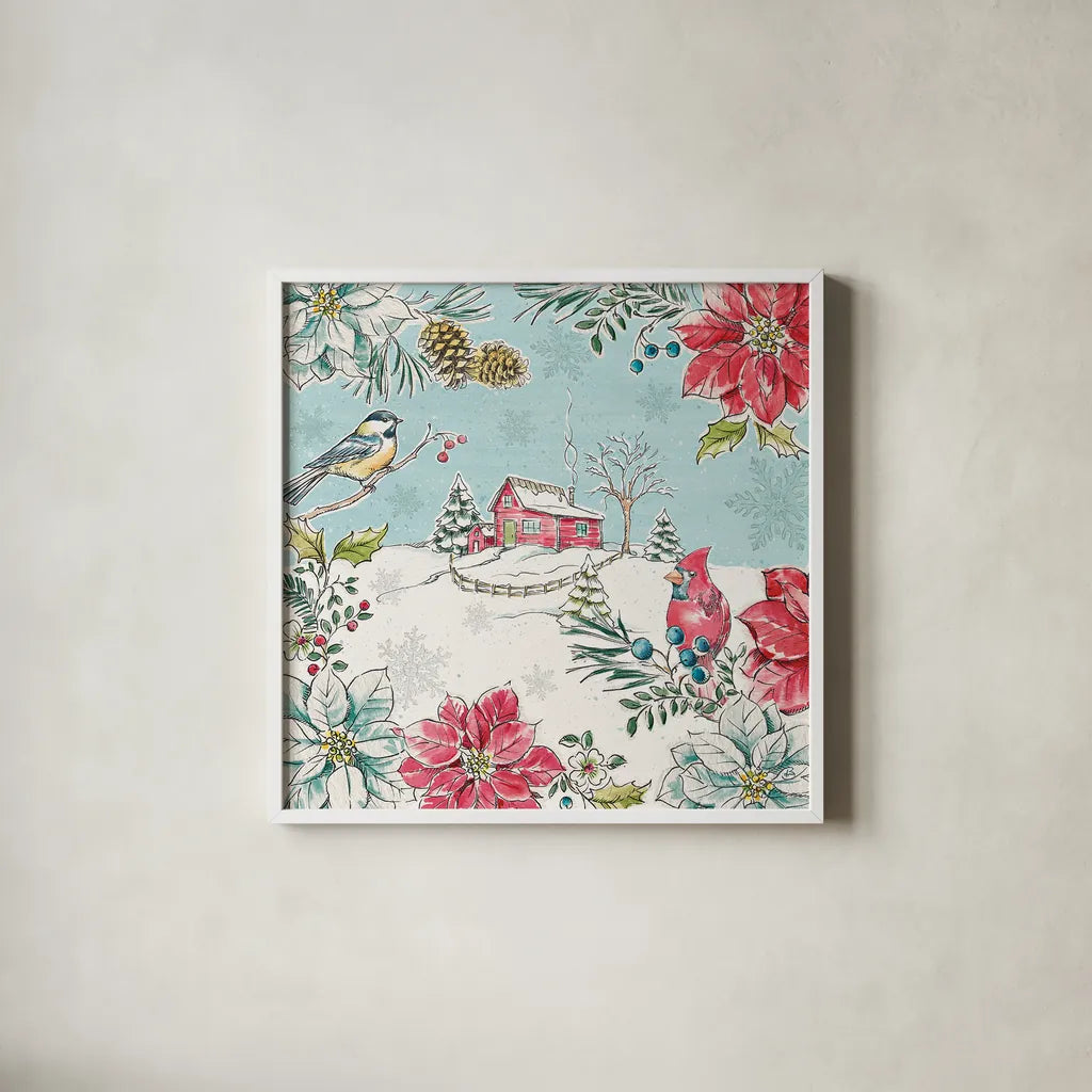 Holiday Toile III by Daphne Brissonnet. Shown in a crisp white glass frame for a clean and minimalist style. Available as an archival giclee rolled canvas, fine art paper, or poster print. SKU 53539a.