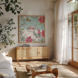 Holiday Toile III by Daphne Brissonnet. Shown in a natural wood frame in a cozy modern living room. Available as an archival giclee rolled canvas, fine art paper, or poster print. SKU 53539a.