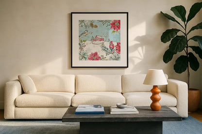 Holiday Toile III by Daphne Brissonnet. Displayed in a glass frame with matte in a clean modern living room. Available as an archival giclee rolled canvas, fine art paper, or poster print. SKU 53539a.