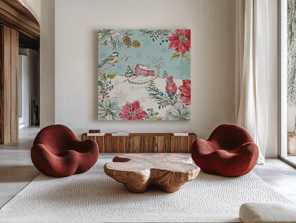 Holiday Toile III by Daphne Brissonnet. Shown as extra-large giant wall art in a modern living room. Available as an archival giclee rolled canvas, fine art paper, or poster print. SKU 53539a.