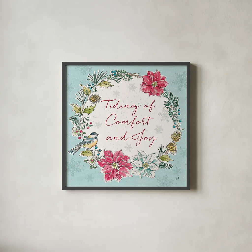 Holiday Toile IV by Daphne Brissonnet. Shown in a sleek black glass frame for a contemporary gallery look. Available as an archival giclee rolled canvas, fine art paper, or poster print. SKU 53540a.