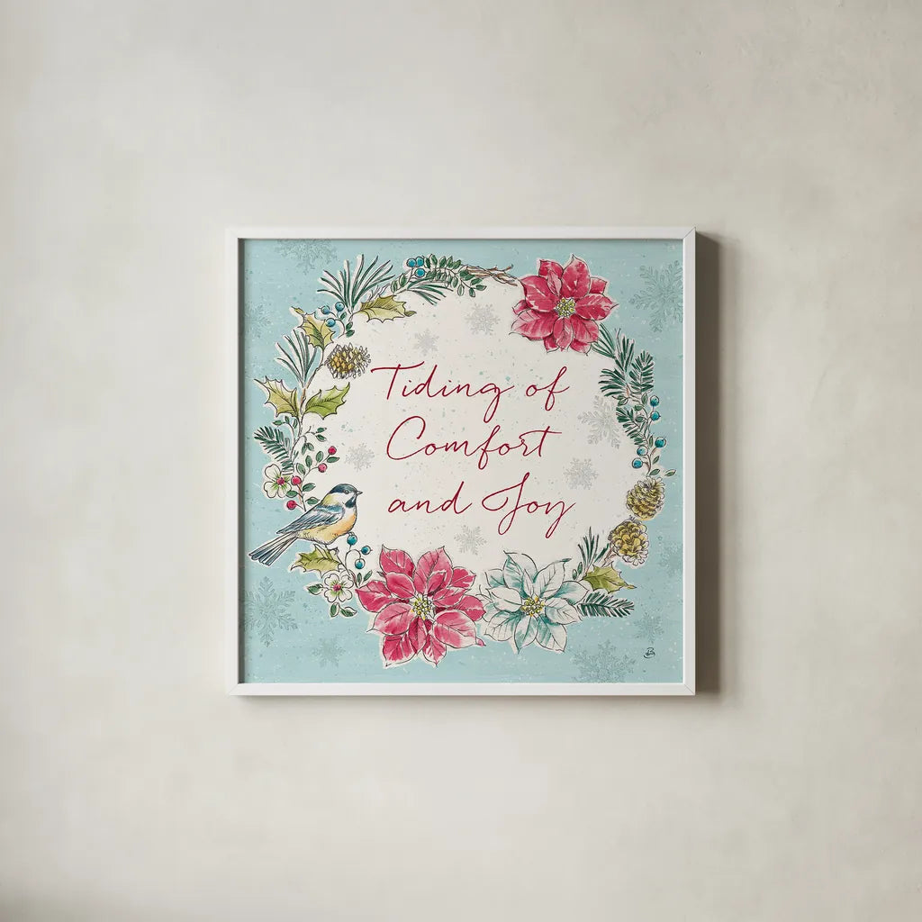 Holiday Toile IV by Daphne Brissonnet. Shown in a crisp white glass frame for a clean and minimalist style. Available as an archival giclee rolled canvas, fine art paper, or poster print. SKU 53540a.