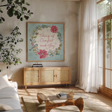 Holiday Toile IV by Daphne Brissonnet. Shown in a natural wood frame in a cozy modern living room. Available as an archival giclee rolled canvas, fine art paper, or poster print. SKU 53540a.