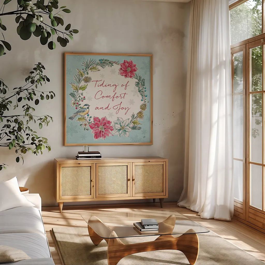 Holiday Toile IV by Daphne Brissonnet. Shown in a natural wood frame in a cozy modern living room. Available as an archival giclee rolled canvas, fine art paper, or poster print. SKU 53540a.