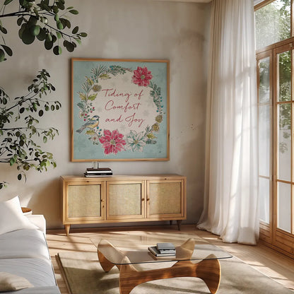 Holiday Toile IV by Daphne Brissonnet. Shown in a natural wood frame in a cozy modern living room. Available as an archival giclee rolled canvas, fine art paper, or poster print. SKU 53540a.