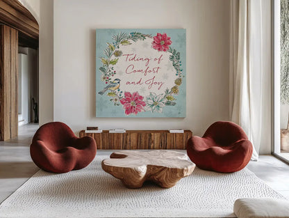 Holiday Toile IV by Daphne Brissonnet. Shown as extra-large giant wall art in a modern living room. Available as an archival giclee rolled canvas, fine art paper, or poster print. SKU 53540a.