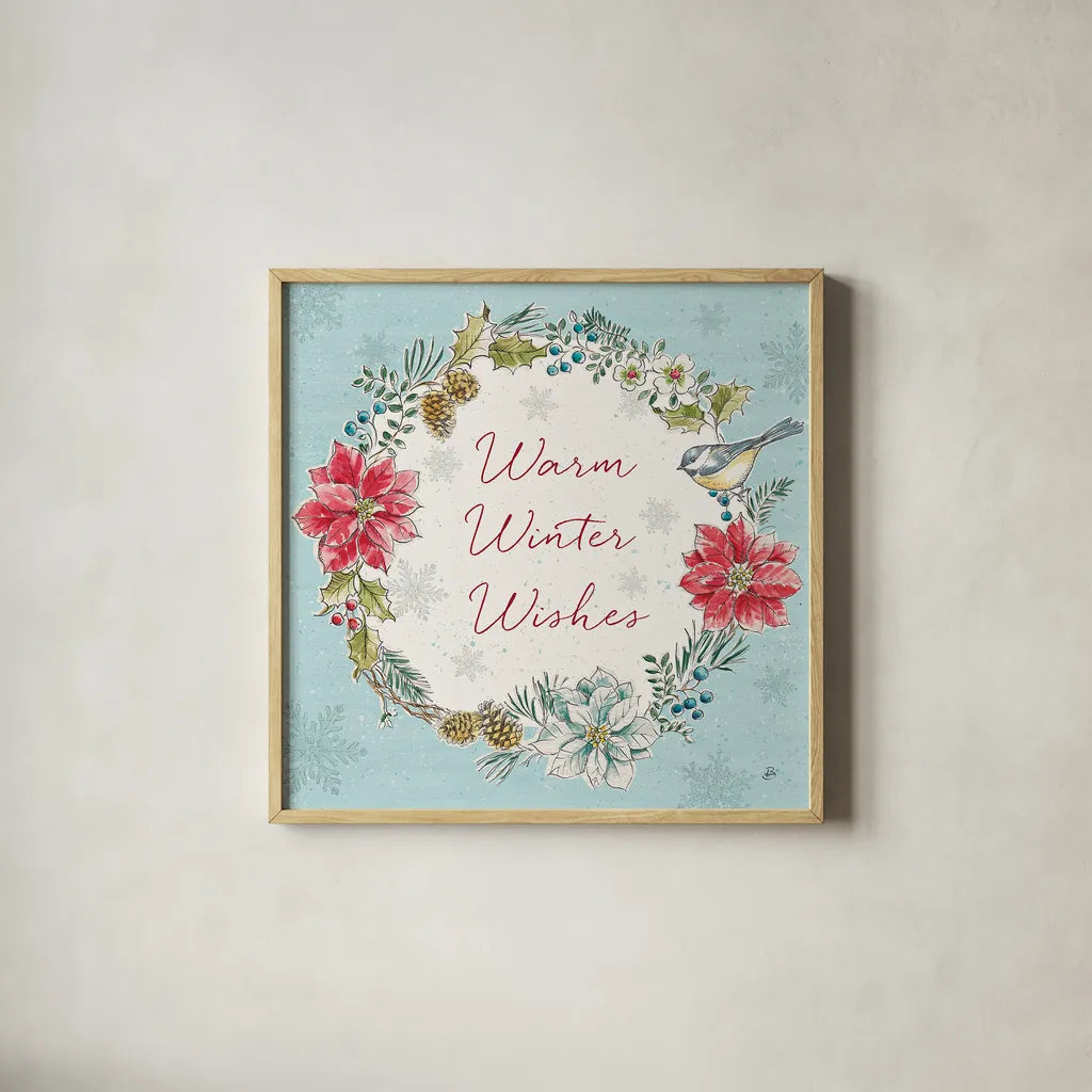 Holiday Toile V by Daphne Brissonnet. Shown in a natural wood glass frame for a timeless modern aesthetic. Available as an archival giclee rolled canvas, fine art paper, or poster print. SKU 53541a.