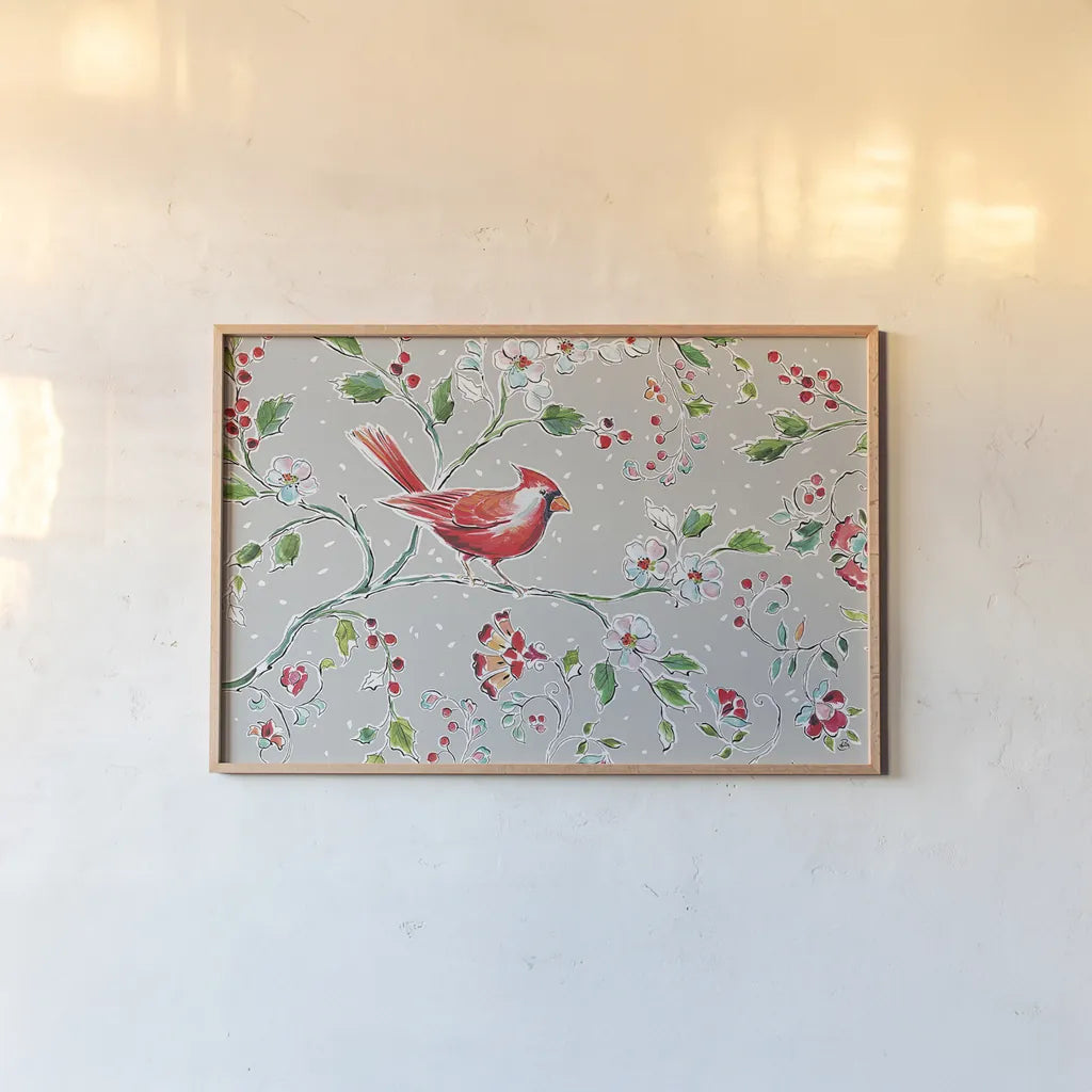 Holiday Wings I by Daphne Brissonnet. shown as a paper print in a natural frame. Available as a archival giclee rolled canvas, fine art paper, or poster print. SKU 36737i.
