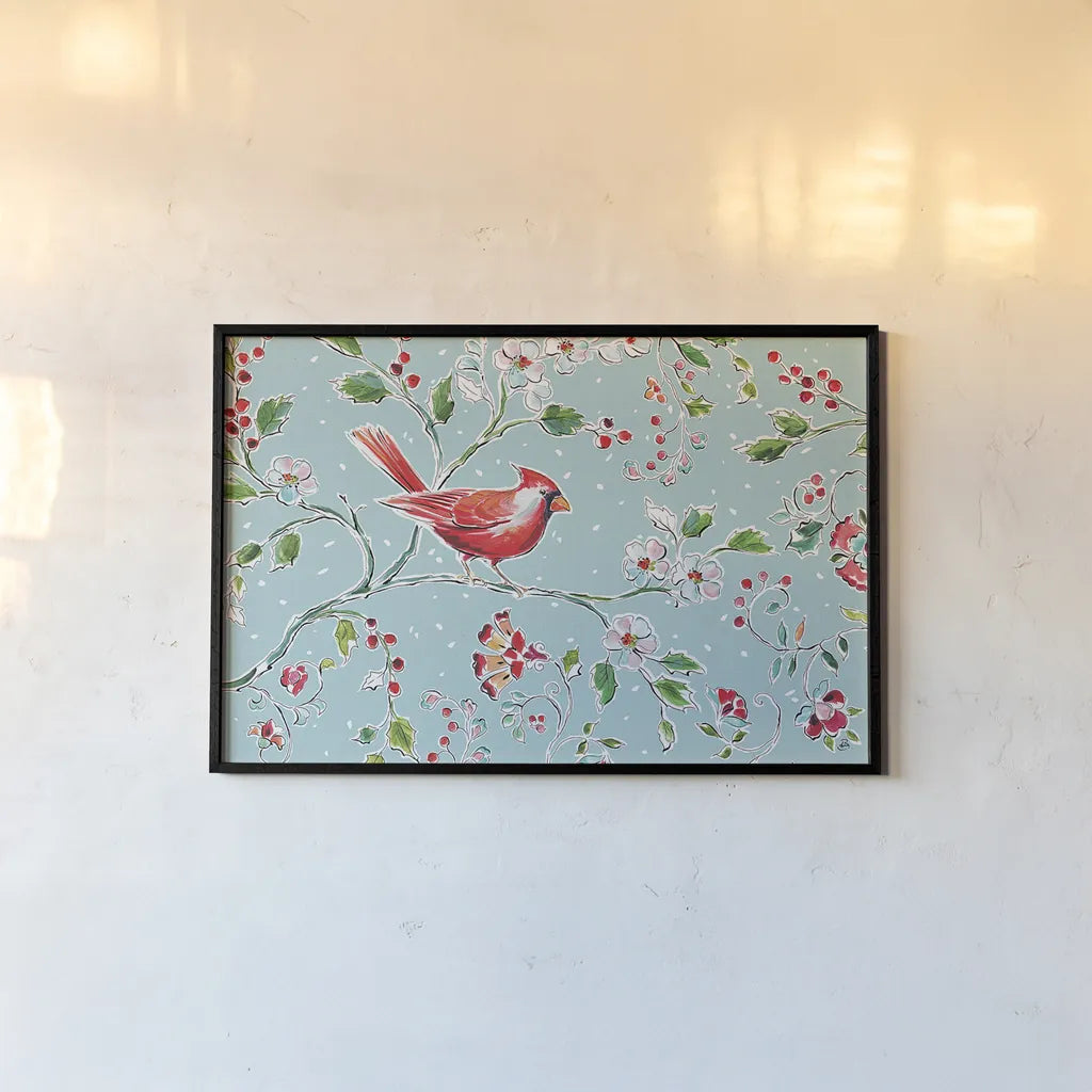 Holiday Wings I Blue by Daphne Brissonnet. shown as a paper print in a black flame. Available as a archival giclee rolled canvas, fine art paper, or poster print. SKU 36747i.