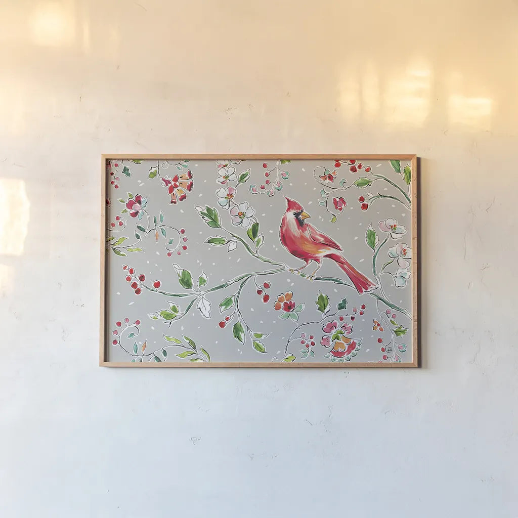 Holiday Wings II by Daphne Brissonnet. shown as a paper print in a natural frame. Available as a archival giclee rolled canvas, fine art paper, or poster print. SKU 36738i.