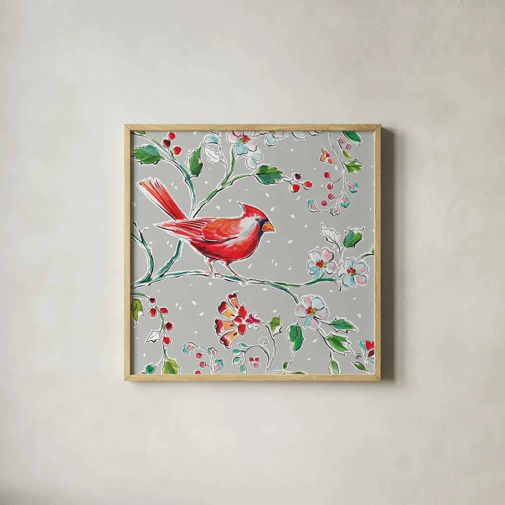 Holiday Wings III by Daphne Brissonnet. Shown in a natural wood glass frame for a timeless modern aesthetic. Available as an archival giclee rolled canvas, fine art paper, or poster print. SKU 36739a.