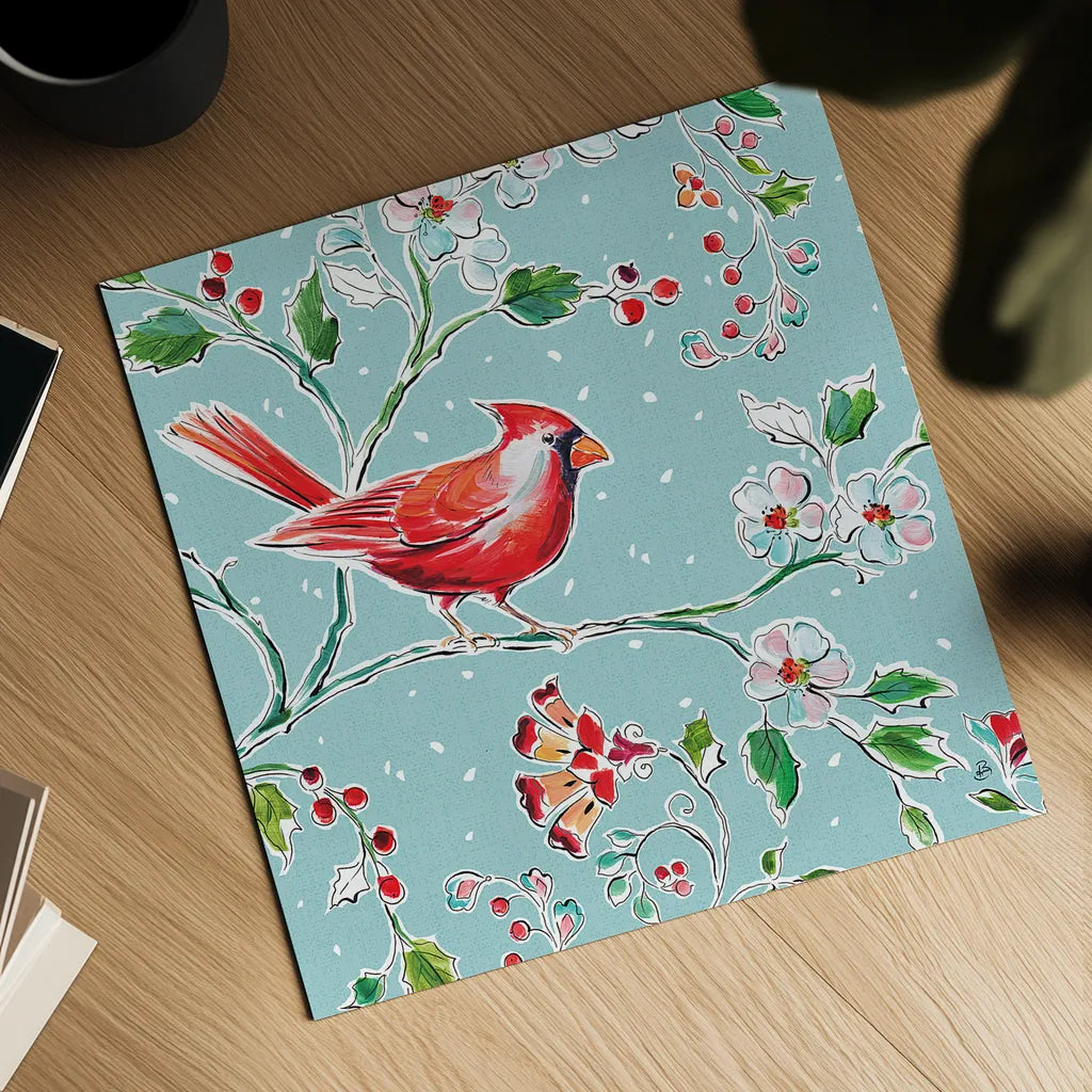 Holiday Wings III Blue by Daphne Brissonnet. Shown as a detailed flat fine art print, highlighting archival giclee quality. Available as an archival giclee rolled canvas, fine art paper, or poster print. SKU 36749a.