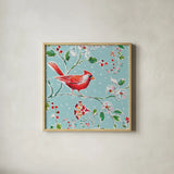 Holiday Wings III Blue by Daphne Brissonnet. Shown in a natural wood glass frame for a timeless modern aesthetic. Available as an archival giclee rolled canvas, fine art paper, or poster print. SKU 36749a.
