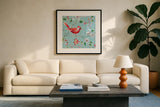 Holiday Wings III Blue by Daphne Brissonnet. Displayed in a glass frame with matte in a clean modern living room. Available as an archival giclee rolled canvas, fine art paper, or poster print. SKU 36749a.