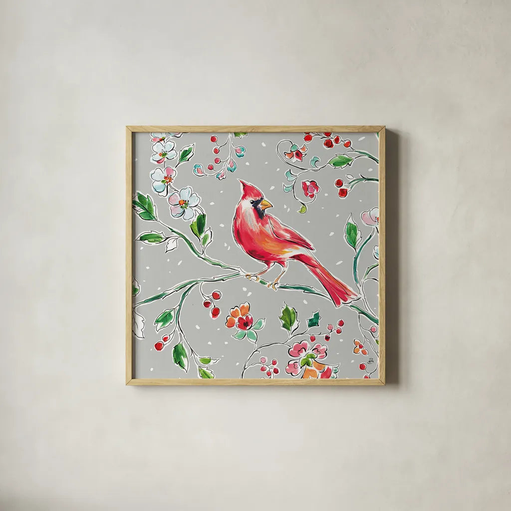 Holiday Wings IV by Daphne Brissonnet. Shown in a natural wood glass frame for a timeless modern aesthetic. Available as an archival giclee rolled canvas, fine art paper, or poster print. SKU 36740a.