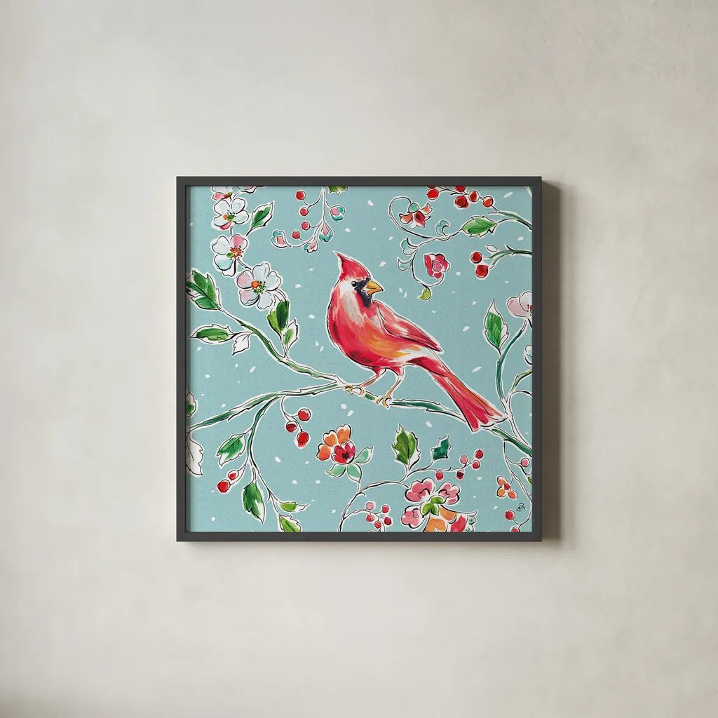 Holiday Wings IV Blue by Daphne Brissonnet. Shown in a sleek black glass frame for a contemporary gallery look. Available as an archival giclee rolled canvas, fine art paper, or poster print. SKU 36750a.