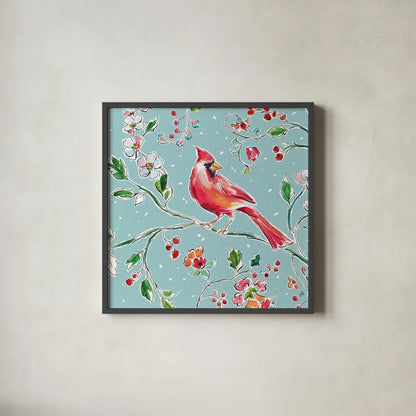 Holiday Wings IV Blue by Daphne Brissonnet. Shown in a sleek black glass frame for a contemporary gallery look. Available as an archival giclee rolled canvas, fine art paper, or poster print. SKU 36750a.