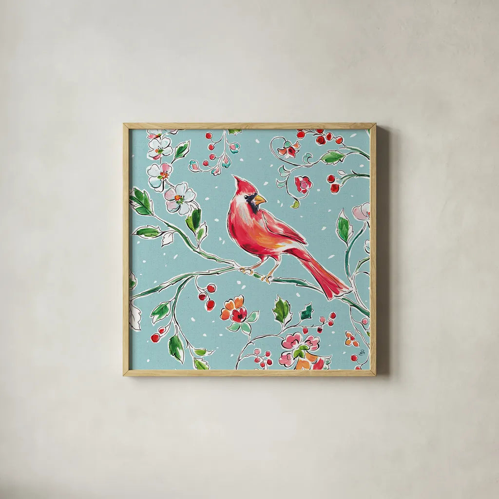 Holiday Wings IV Blue by Daphne Brissonnet. Shown in a natural wood glass frame for a timeless modern aesthetic. Available as an archival giclee rolled canvas, fine art paper, or poster print. SKU 36750a.