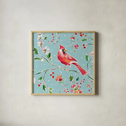 Holiday Wings IV Blue by Daphne Brissonnet. Shown in a natural wood glass frame for a timeless modern aesthetic. Available as an archival giclee rolled canvas, fine art paper, or poster print. SKU 36750a.