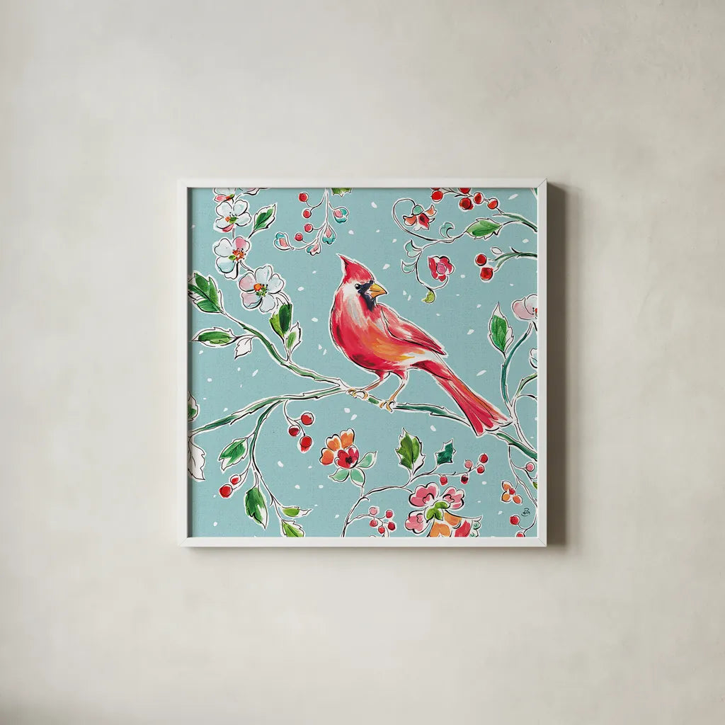 Holiday Wings IV Blue by Daphne Brissonnet. Shown in a crisp white glass frame for a clean and minimalist style. Available as an archival giclee rolled canvas, fine art paper, or poster print. SKU 36750a.