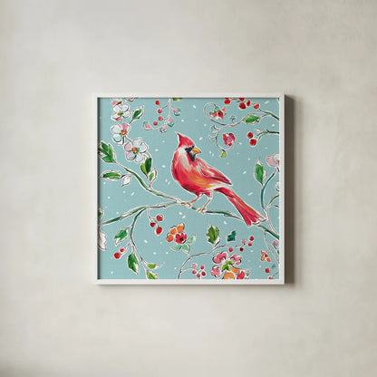 Holiday Wings IV Blue by Daphne Brissonnet. Shown in a crisp white glass frame for a clean and minimalist style. Available as an archival giclee rolled canvas, fine art paper, or poster print. SKU 36750a.