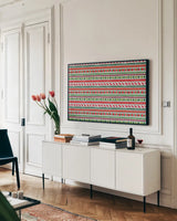 Holiday Wings IX by Daphne Brissonnet. shown as a framed stretched canvas in a living room above a console. Available as a archival giclee rolled canvas, fine art paper, or poster print. SKU 36745i.