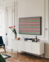 Holiday Wings IX Blue by Daphne Brissonnet. shown as a framed stretched canvas in a living room above a console. Available as a archival giclee rolled canvas, fine art paper, or poster print. SKU 36755i.