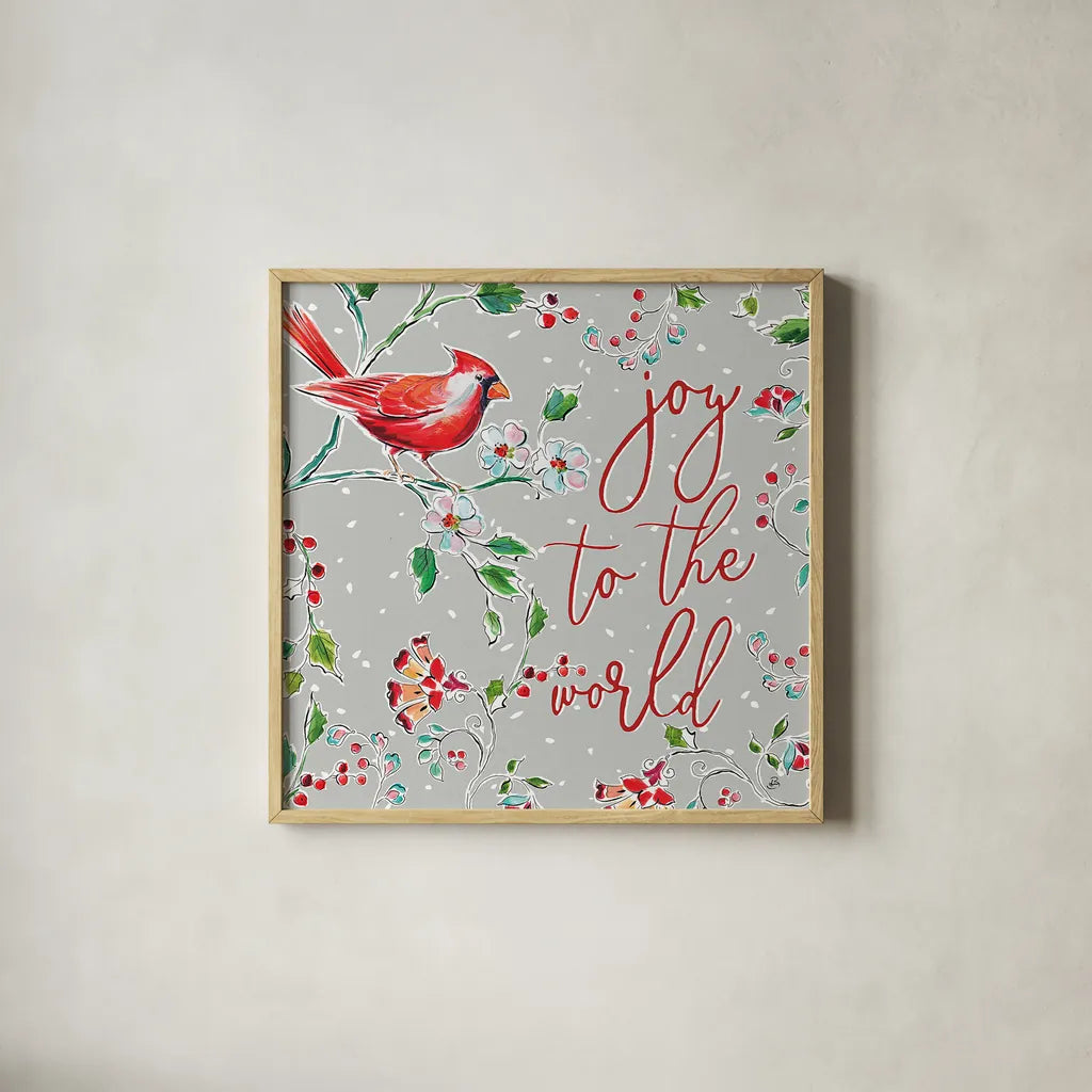 Holiday Wings V by Daphne Brissonnet. Shown in a natural wood glass frame for a timeless modern aesthetic. Available as an archival giclee rolled canvas, fine art paper, or poster print. SKU 36741a.