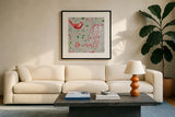 Holiday Wings V by Daphne Brissonnet. Displayed in a glass frame with matte in a clean modern living room. Available as an archival giclee rolled canvas, fine art paper, or poster print. SKU 36741a.