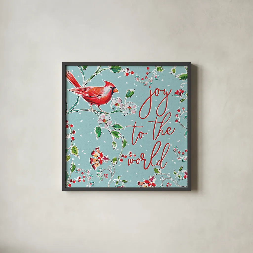 Holiday Wings V Blue by Daphne Brissonnet. Shown in a sleek black glass frame for a contemporary gallery look. Available as an archival giclee rolled canvas, fine art paper, or poster print. SKU 36751a.