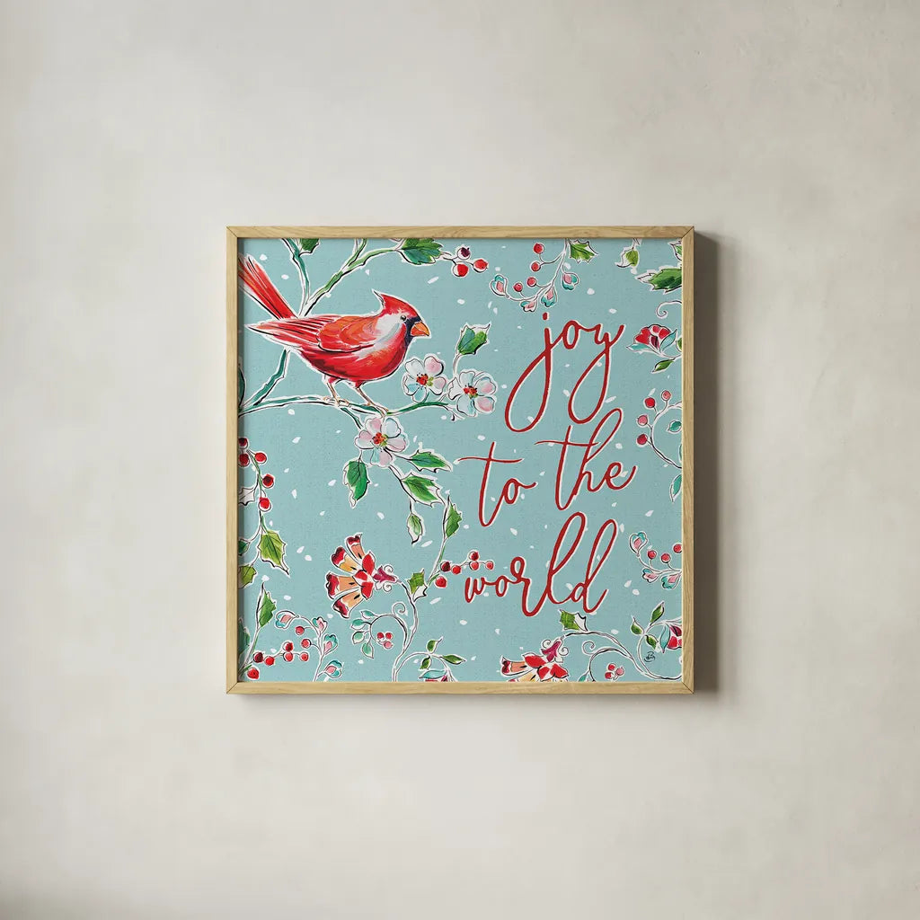 Holiday Wings V Blue by Daphne Brissonnet. Shown in a natural wood glass frame for a timeless modern aesthetic. Available as an archival giclee rolled canvas, fine art paper, or poster print. SKU 36751a.