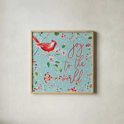 Holiday Wings V Blue by Daphne Brissonnet. Shown in a natural wood glass frame for a timeless modern aesthetic. Available as an archival giclee rolled canvas, fine art paper, or poster print. SKU 36751a.