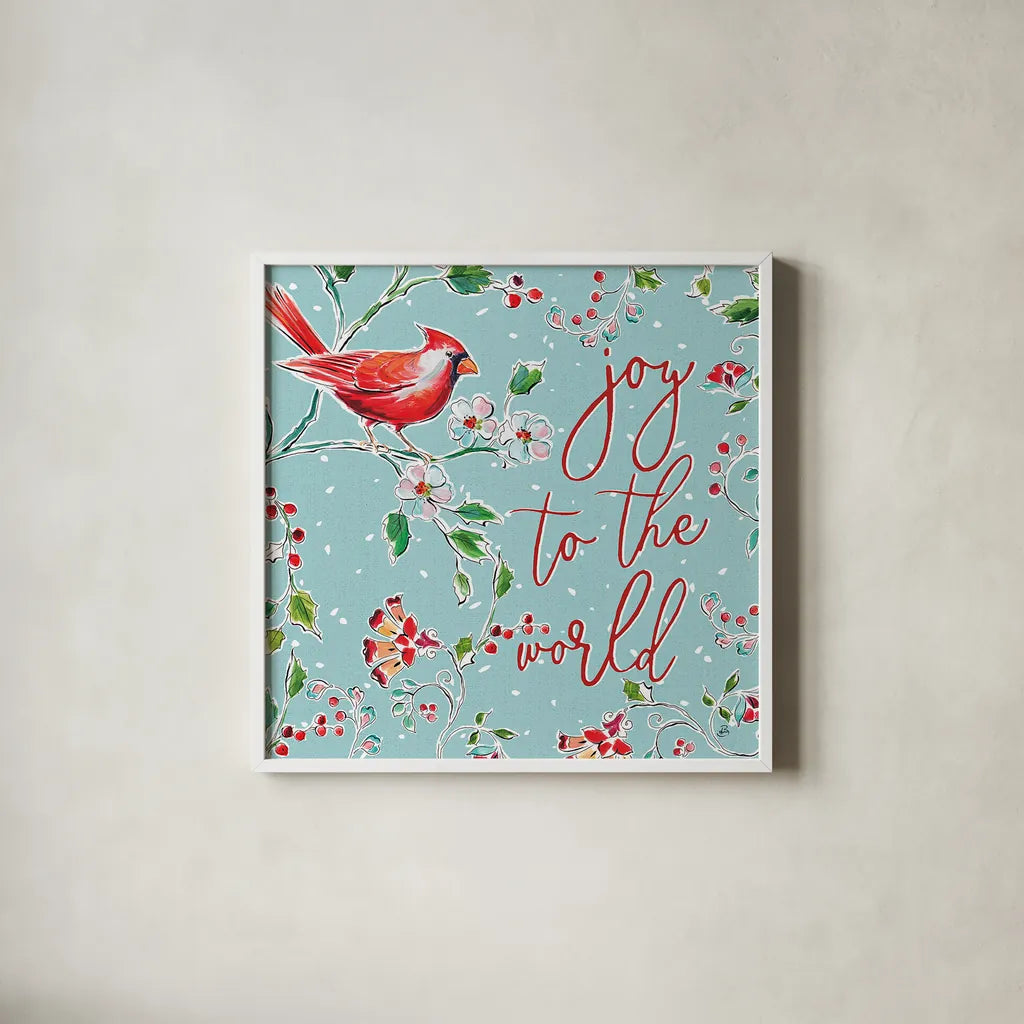 Holiday Wings V Blue by Daphne Brissonnet. Shown in a crisp white glass frame for a clean and minimalist style. Available as an archival giclee rolled canvas, fine art paper, or poster print. SKU 36751a.