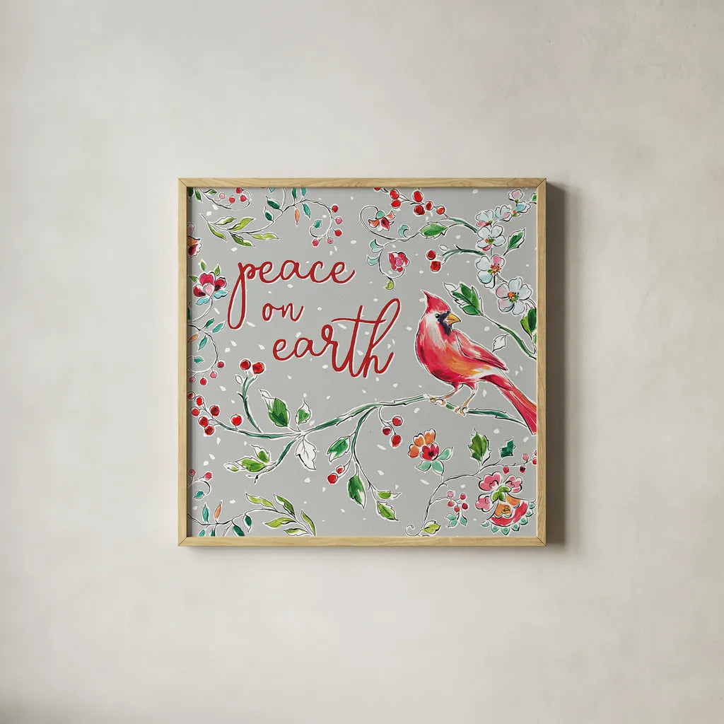 Holiday Wings VI by Daphne Brissonnet. Shown in a natural wood glass frame for a timeless modern aesthetic. Available as an archival giclee rolled canvas, fine art paper, or poster print. SKU 36742a.