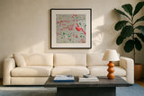 Holiday Wings VI by Daphne Brissonnet. Displayed in a glass frame with matte in a clean modern living room. Available as an archival giclee rolled canvas, fine art paper, or poster print. SKU 36742a.