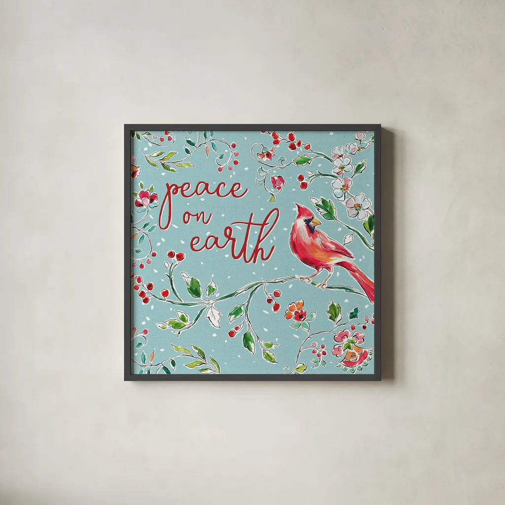 Holiday Wings VI Blue by Daphne Brissonnet. Shown in a sleek black glass frame for a contemporary gallery look. Available as an archival giclee rolled canvas, fine art paper, or poster print. SKU 36752a.