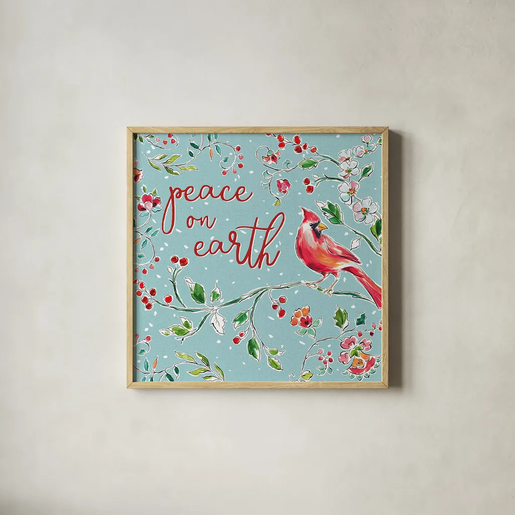 Holiday Wings VI Blue by Daphne Brissonnet. Shown in a natural wood glass frame for a timeless modern aesthetic. Available as an archival giclee rolled canvas, fine art paper, or poster print. SKU 36752a.