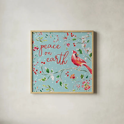 Holiday Wings VI Blue by Daphne Brissonnet. Shown in a natural wood glass frame for a timeless modern aesthetic. Available as an archival giclee rolled canvas, fine art paper, or poster print. SKU 36752a.