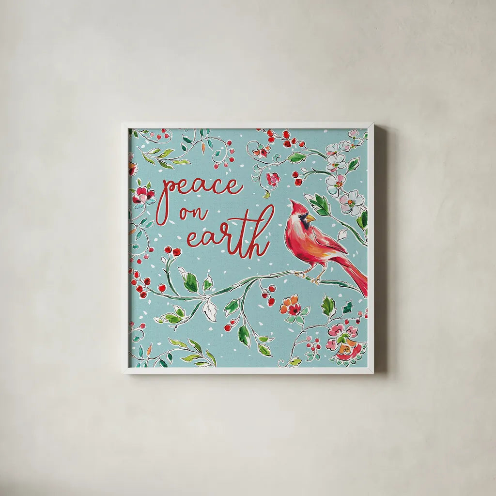 Holiday Wings VI Blue by Daphne Brissonnet. Shown in a crisp white glass frame for a clean and minimalist style. Available as an archival giclee rolled canvas, fine art paper, or poster print. SKU 36752a.