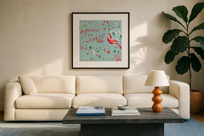 Holiday Wings VI Blue by Daphne Brissonnet. Displayed in a glass frame with matte in a clean modern living room. Available as an archival giclee rolled canvas, fine art paper, or poster print. SKU 36752a.