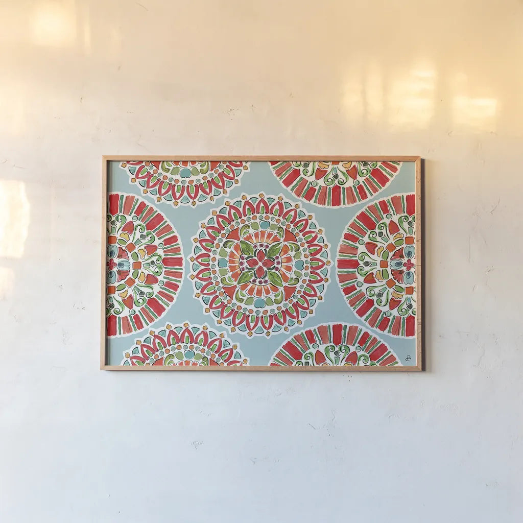 Holiday Wings VII Blue by Daphne Brissonnet. shown as a paper print in a natural frame. Available as a archival giclee rolled canvas, fine art paper, or poster print. SKU 36753i.