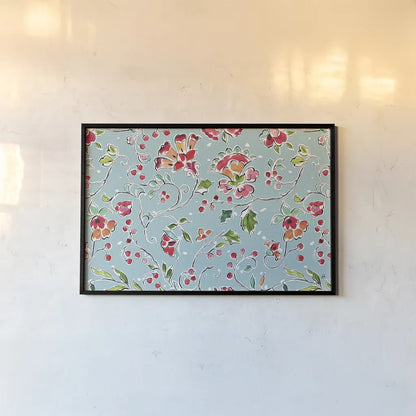 Holiday Wings VIII Blue by Daphne Brissonnet. shown as a paper print in a black flame. Available as a archival giclee rolled canvas, fine art paper, or poster print. SKU 36754i.