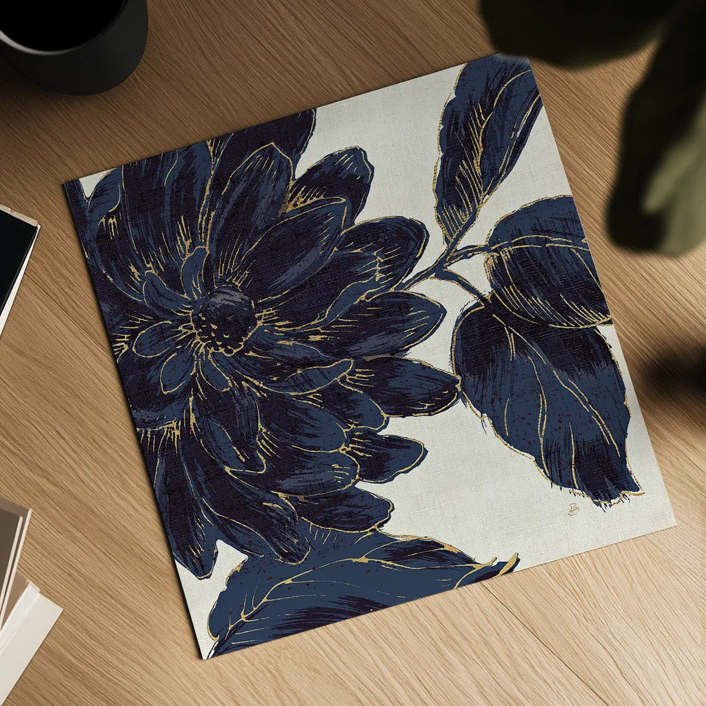 Indigo Garden I by Daphne Brissonnet. Shown as a detailed flat fine art print, highlighting archival giclee quality. Available as an archival giclee rolled canvas, fine art paper, or poster print. SKU 17327a.