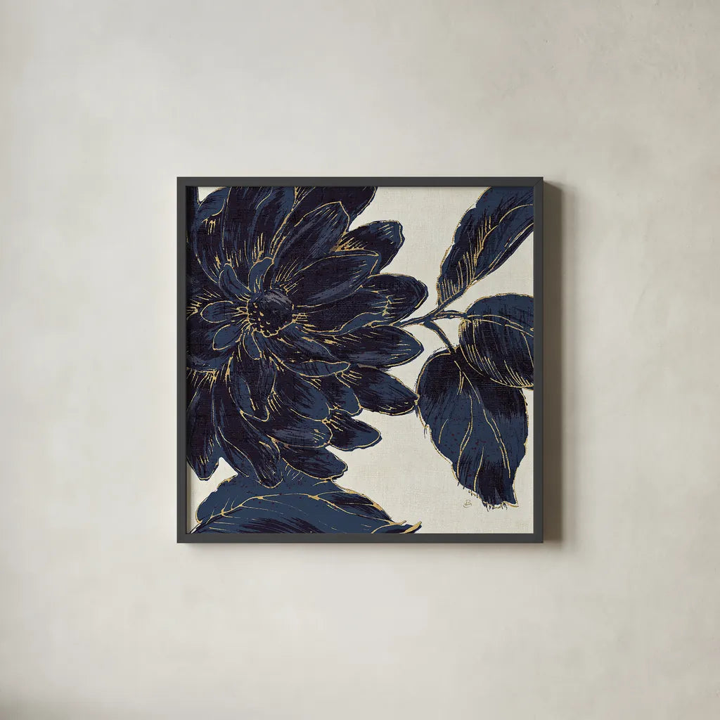 Indigo Garden I by Daphne Brissonnet. Shown in a sleek black glass frame for a contemporary gallery look. Available as an archival giclee rolled canvas, fine art paper, or poster print. SKU 17327a.