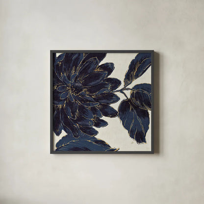 Indigo Garden I by Daphne Brissonnet. Shown in a sleek black glass frame for a contemporary gallery look. Available as an archival giclee rolled canvas, fine art paper, or poster print. SKU 17327a.