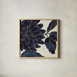 Indigo Garden I by Daphne Brissonnet. Shown in a natural wood glass frame for a timeless modern aesthetic. Available as an archival giclee rolled canvas, fine art paper, or poster print. SKU 17327a.